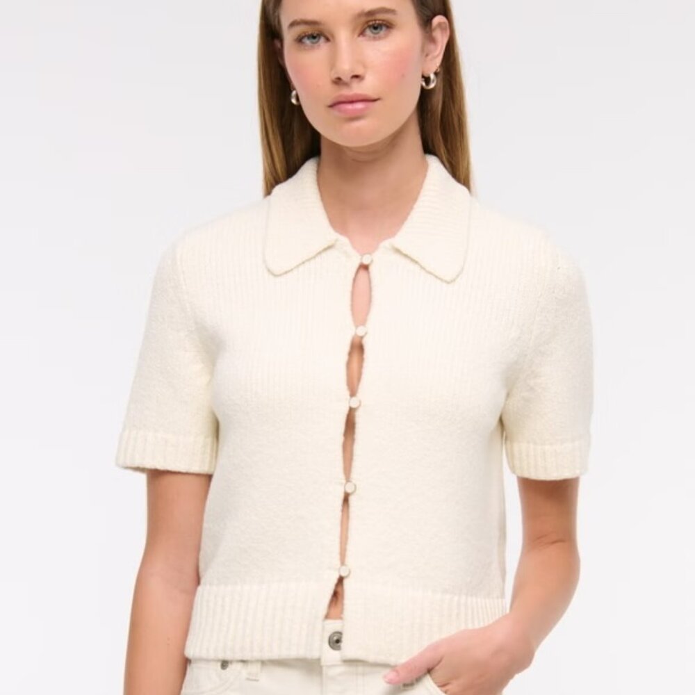 Abercrombie & Fitch Cream Short-Sleeve Collared Cardigan S | NWOT Retail ~$60